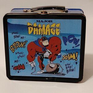 RARE 2001 Major Damage Metal Lunch Box Cartoon Superhero Cool Colorful Lunchbox